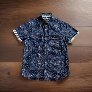 English Laundry Men's Small S Navy Blue Paisley Bandana Print Button Down Shirt